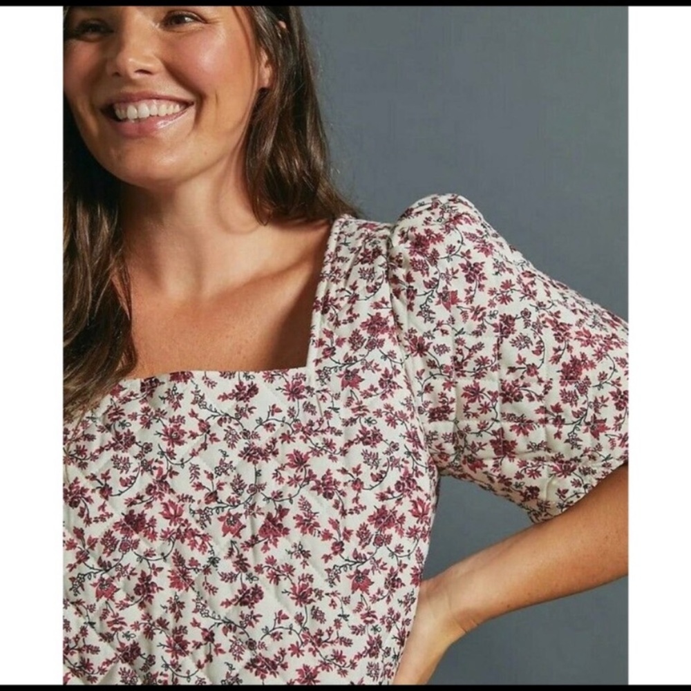 Anthropologie White Floral Puff-Sleeve Square-Neck Top